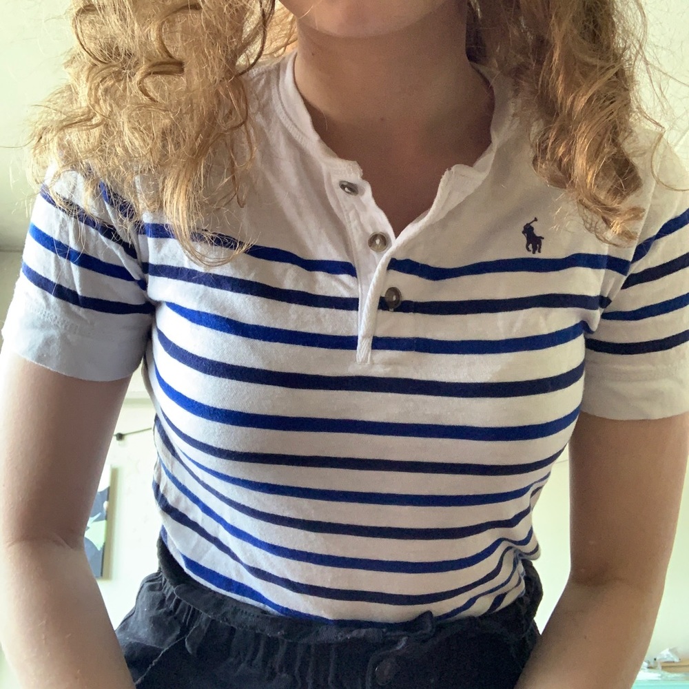White Ralph Lauren polo shirt with blue stripes